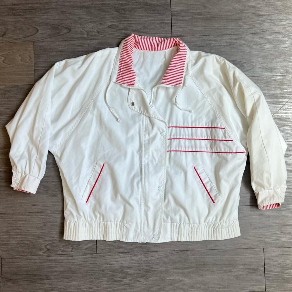 Vtg 80s White & Red Stripe Snap Front Windbreaker Jacket Izzi Size 2XL